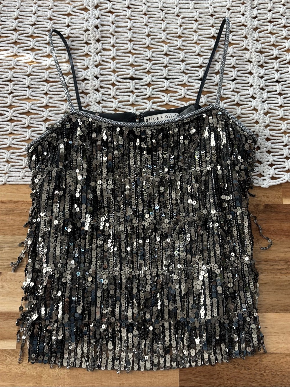 Alice + Olivia Black Silver Sequin Fringe Camisole